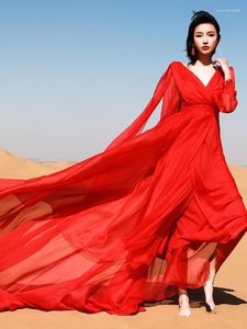 Casual Dresses Khalee Yose Vintage Chic Boho Red Maxi Dress V-neck Long Sleeve Women Sexy Ladies Ruffles Holiday Beach Vestidos 23XXXL