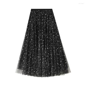 Skirts Korea Style Women Pretty Tulle Long Skirt VD1693 Spring Summer Sparkling Star Swing Sequin Tule Black Blue Pink Y2K