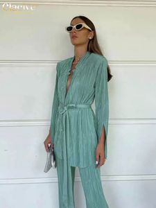 نساء S سراويل ثنائيات Clacive Autumn Green Plateed Set Bodycon Slit Trosuer Suits Fashion Lace Up Long Sleeve Blazer 2 Set S Outfits 230522