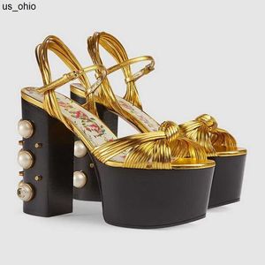 Sandaler Gratis frakt 2019 Ladies Pearl 125cm Chunky High Heel Pine Cake Tjock Bottom Printed Open Peeptoes 5cm Platform Sandaler Shoes Gold 02 J230522