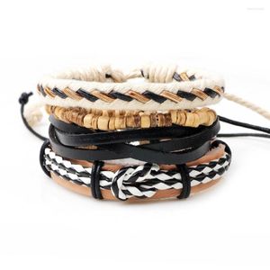 Charm Bracelets 4pcs/set Boho Gypsy Hippie Punk Brown Black Leather Beige Cord Wrap Knots Wooden Bead Layers Adjustable Set For Man