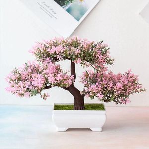 Dekorativa blommor kransar 1set artificiell bonsai liten trädkruka plastplast falska växter prydnader för hemmakontorsbord trädgård dekorati