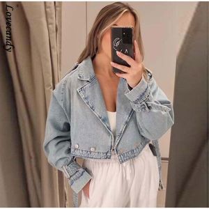 Men s Jackets Woman Denim Cropped Jacket With Belt Female Fashion Turn Down Collar Long Sleeve Short Coats Lady Spring Streetwear 230522