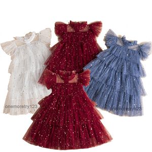 Abito in tulle con paillettes stella per bambina alla moda 2-7 anni Bambini Gonna torta firmata con maniche volanti Abiti estivi da principessa per bambini