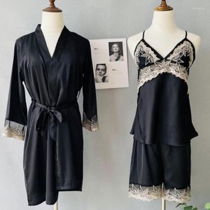 Home Abbigliamento Nero Donna Casual 3PCS Pigiama Completo Novità Sleepwear Intimo Lingerie Patchwork Pizzo Raso Sleep Set Pigiama