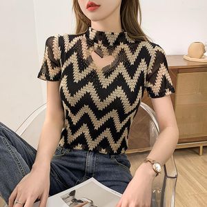 Women's T Shirts 2023 Summer European Clothes Mesh Thin T-shirt Chic Sexy Hollow out Love Shiny Diamonds Print Women Tops Street Tees 33074