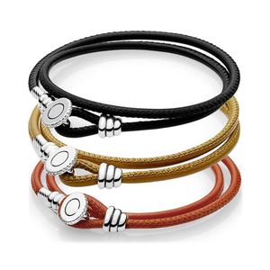 Bangle Multicolor Double Leather With Button Clasp 925 Sterling Silver Bracelet Fit Fashion Original Bangle Bead Charm Diy Jewelry