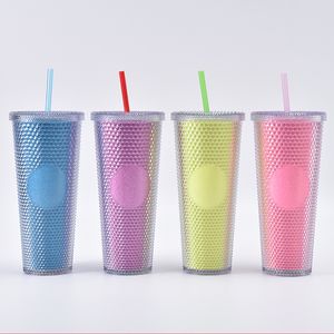 25oz Creative Durian Cup med blinkande lätta kaffemuggar Dubbelskikt Plast Drickande juice koppar med halm stor kapacitet Lysande färg Rainbow Gradient