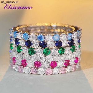 Band Rings ELSIEUNEE 100 925 Sterling Silver 02CT Round Cut Sapphire Emerald Diamonds Wedding Bands Engagement Ring Fine Jewelry Gifts J230522