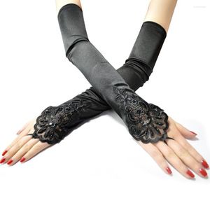Pięć palców Rękawiczki Vintage 1920. Bez palców cekiny Satinowe klasyczne kostiumy Akcesoria rozciągnięte czarne kobiety długie kobiety
