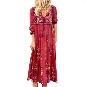 Casual Dresses Frauen Plus Size Kleid V-Ausschnitt Lace Up Lange Ärmel Boho Print Party Maxi Lose Rock Chiffon Panel Vestido