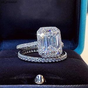 Bant Halkaları Emerald Cut 2ct Lab Diamond Ring Gelin Setleri Gerçek 925 STERLING SilverEngagement Wedding Band Halkaları Kadınlar Gelin Gem Takı J230522