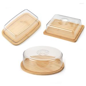 Placas 1pcs Manteiga de bambu prato com tampa de tampa de plástico transparente servidor de queijo servidor fatiado pão vegetal servir bandeja de bandeja de carne