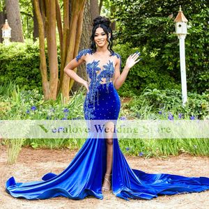 Veralove Slit Prom Dresses For Black Girls Royal Blue Velvet Beads African Women Pageant Gala Party Gowns Vestido De Graduacion