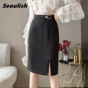 ドレスSeoulish2021 New Spring Summer Work Wear Wear Women's Skirts Korean Ol Style High Waist Split Sheath Pencil Skirts女性