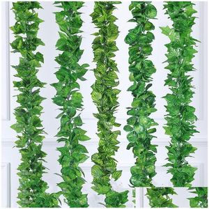 Decorative Flowers Wreaths Leaves 2M Artificial Green Grape Leaf Other Boston Ivy Vines Decorated Fake Flower Cane Wholesale Hh08 Dhwkn