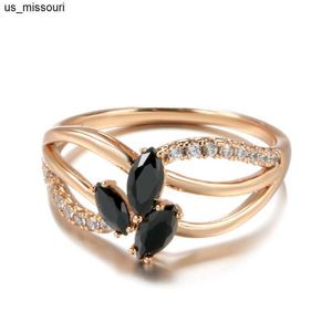 Bandringar lyx 18K Rose Gold Natural Black Diamond Ring Geometric Line Cross Wedding Gold Rings for Women Larimar Vintage Fine Jewelry J230522