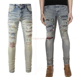 Designer Clothing Amires Jeans Denim Pants Amies 876 High Street Fashion Blue Colorful Flower Patch Stretch Hole Trend Slim Straight Leg Mens Jeans Distressed Rippe
