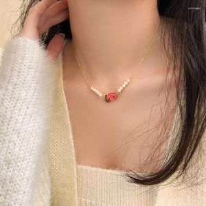 Pendant Necklaces U-Magical Temperament Pink Rose Flower Plant Necklace For Women Trendy Imitation Pearl Beaded Party Jewellery