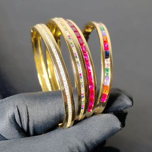 Fashion Cubic Zirconia Colorful CZ Paved Wide Band Bangle for Women Lady Gold Color Iced Out Bracelet Punk Wedding Jewelry