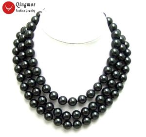 Collane Qingmos Collana perla del Mar Nero per donne con 12 mm Collana di perle a guscio nero rotondo 3 fili cokers gioielli nec5352