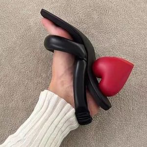 Sandals Red Heart Heel Flip flops Slipper Woman Summer Square Toe Shaped Slingback Black Fashion Shoes for Women