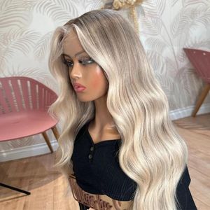 Highlight Ombre Glueless Medium Ash Blonde Lace Synthetic Hair Slight Wavy Platinum Glueless13x3 Front
