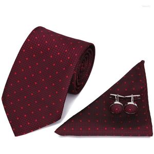 Laço de arco 3pcs conjunto para homens noivo vinho vermelho sólido listrado DOT 7,5 cm de poliéster calça cufflik bolso quadrado lenço de lenço de casamento presente de casamento presente