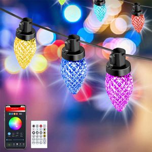 C9 Luzes de cordas de fada de morango 50 lâmpadas Luzes de Natal com aplicativo Bluetooth controlado por música à prova d'água Sincronização de cor para decorações 15m