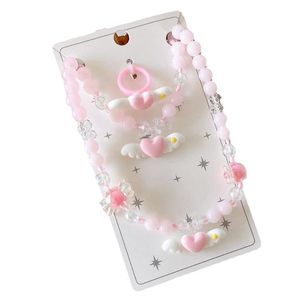 Herz Perlen Stretch Halskette Armband Ring Set Kleine Prinzessin Schleife Süßigkeiten Schmuck Mädchen Spielen Geburtstagsgeschenk Weihnachten Party Gastgeschenke Rosa Mond Stern