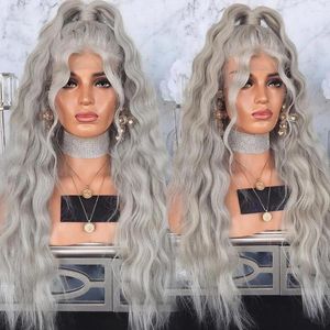 Inch Water Wave Synthetic Lace Front Silver Grey Frontal For Women Natural Hairline Long Wavy Hair