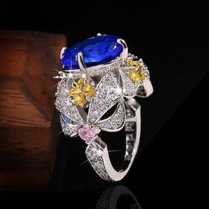 Bant Halkaları Vintage mücevher lüks büyük safir 925 STERLING Gümüş Yüzükler Kadınlar için Zarif Çiçek Nişan Düğün Bandı Yıldönümü Yüzükleri J230522