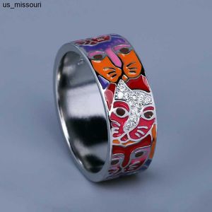 Bandringar 2023 Ny ring för kvinnors modefärg Epoxy Cat Face Ring unik handgjorda emaljsmycken 925 Silver Wedding Bridal Ring J230522