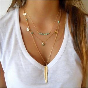 Pendant Necklaces Three Layers Bead Disc Feather Silver Color Gold Plated With Metal Chain For Women Girls Fashion Jewelry Necklace.