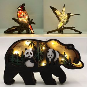 Decorative Objects Figurines 3D Carved Hollow Wooden Animal Statue Crafts with LED Light Cat Butterfly Miniatures Animals Wildlife Sculpture Decor 230522