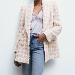 بدلات نسائية ZXQJ Women 2023 Fashion Tweed Double Breadted Blazer Coat Vintage Long Sleeve Right Mobicet