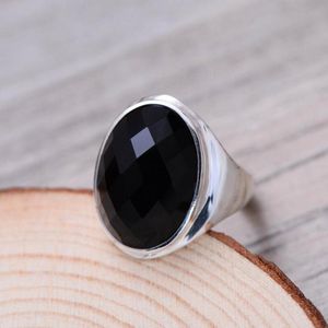 Ringos de cluster real 925 Sterling Silver Black Onyx para mulheres Simples Simples Smooth Oval Multi-Faceted Stone Natural Stone Redicável