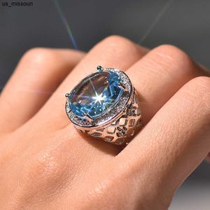 Bandringar Aquamarine Emerald Gemstones Blue Green Crystal Zircon Diamonds Rings for Women Vintage Luxury Jewelry Bijoux Bague Silver Color J230522