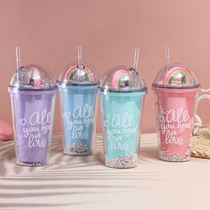 17 oz Creative Tumbler Mugs Double Layer Plastic Cup with Lights Led Starlight Rainbow Girls Söta dricksjuice koppar med sugrör