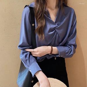 Damenblusen Frühling Herbst Schlank Langarm Weiß Blau Hemd Frauen Sexy V-Ausschnitt Kreuz Chiffon Damen Lässige Bürohemden Kurze Tops