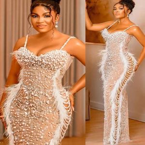 2023 AMVCA Aso Ebi Pearls Feather Prom Dress Sequined Lace Sheath Evening Formal Party Second Reception Birthday Engagement Gowns Dress Robe De Soiree ZJ279