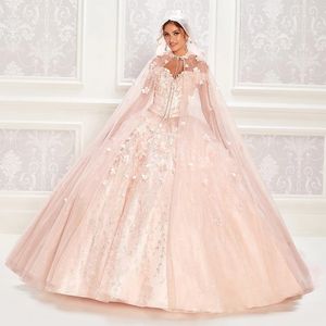 Abito da ballo rosa con perline Abito quinceanera floreale 3D Principessa con mantello con spalle scoperte Prom Sweet 16 Vestidos De XV Anos