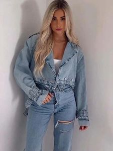 Men s Jacket s Cropped Denim Coat Long Sleeves With Belt Button Lapel Collar Jacket 2023 High Street Casual Coats Tops 230522