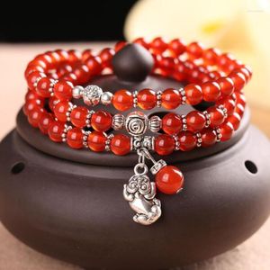 Strand 6MM Natural Chalcedony Bracelet Three Circles Tibetan Silver Pendant Multilayer Women Men Handmade Jewellery Wholesale