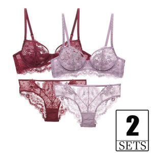 Conjunto de 2 peças Bordado floral BRA BRA E PANTY Conjunto Ultra Thin Transparent Lace Rouphe Plus Size Girl Push Up Sexy Lingerie Q0705