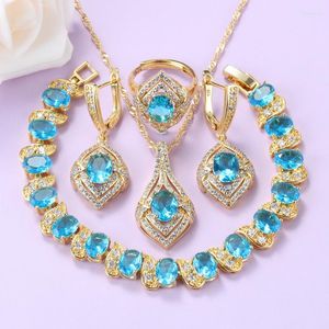 Halsbandörhängen set Morrocan med Sky Blue Cubic Zirconia Wedding-Party Fashion Gold-Plated Bridal Costume Present för kvinnor i en låda