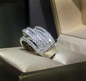 Bandringe Luxusschmuck 925 Sterling Silber Pave White Sapphire CZ Diamant Edelsteine Party Frauen Hochzeit Verlobungsband Ring J230522