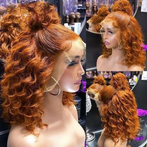 High Ponytail Deep Wave Short Bob Ginger Orange Brown Pre Plucked Lace Front Synthetic Hair Natural Hairline Fiber