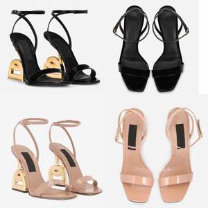 Sandálias de keira mulheres sapatos de salto alto polido calfskin banhado ouro carbono salto patenteado de couro preto