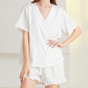 Home Clothing Solid White Sleep Set Summer Short 2PCS Pajamas Suit Casual Women Sleepwear Intimate Lingerie V-Neck Satin
